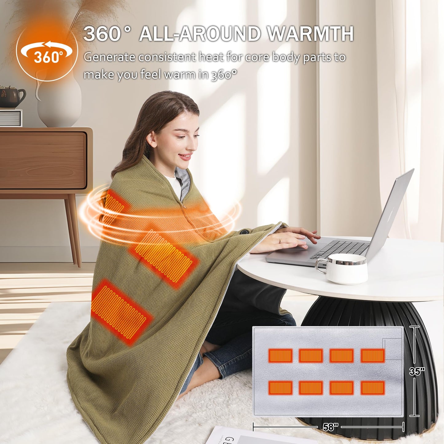 Portable Soft Zipper Electric Heated Blanket Shawl