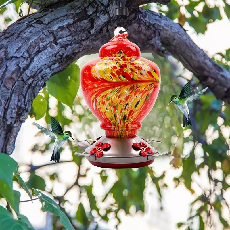 Hand Blown Glass Hummingbird Feeder - 38 Ounces